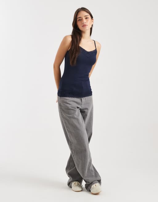 Hollister lace trim cami top in navy, 2 of 4