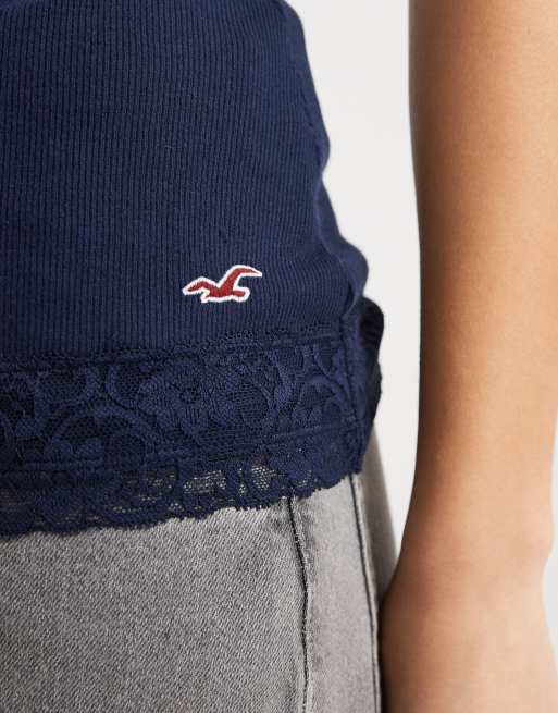 Hollister lace trim cami top in navy, 3 of 4