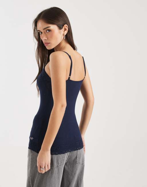 Hollister lace trim cami top in navy | ASOS