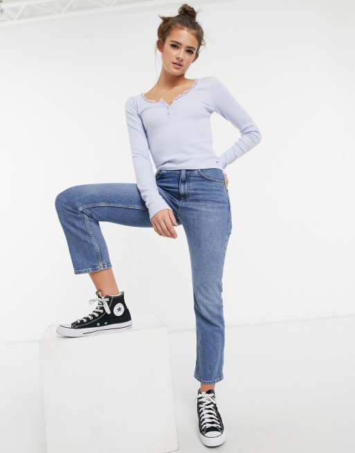 Hollister lace trim henley long sleeve top in light blue ASOS