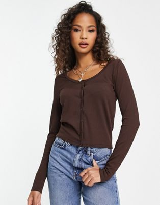 Hollister lace trim sweetheart neckline long sleeve top in brown