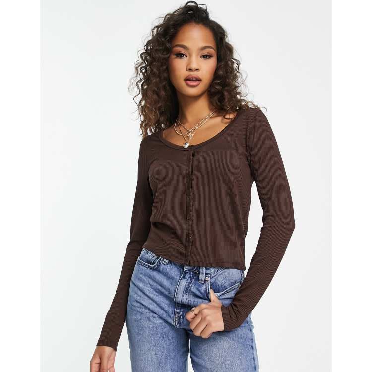 Hollister lace trim sweetheart neckline long sleeve top in brown