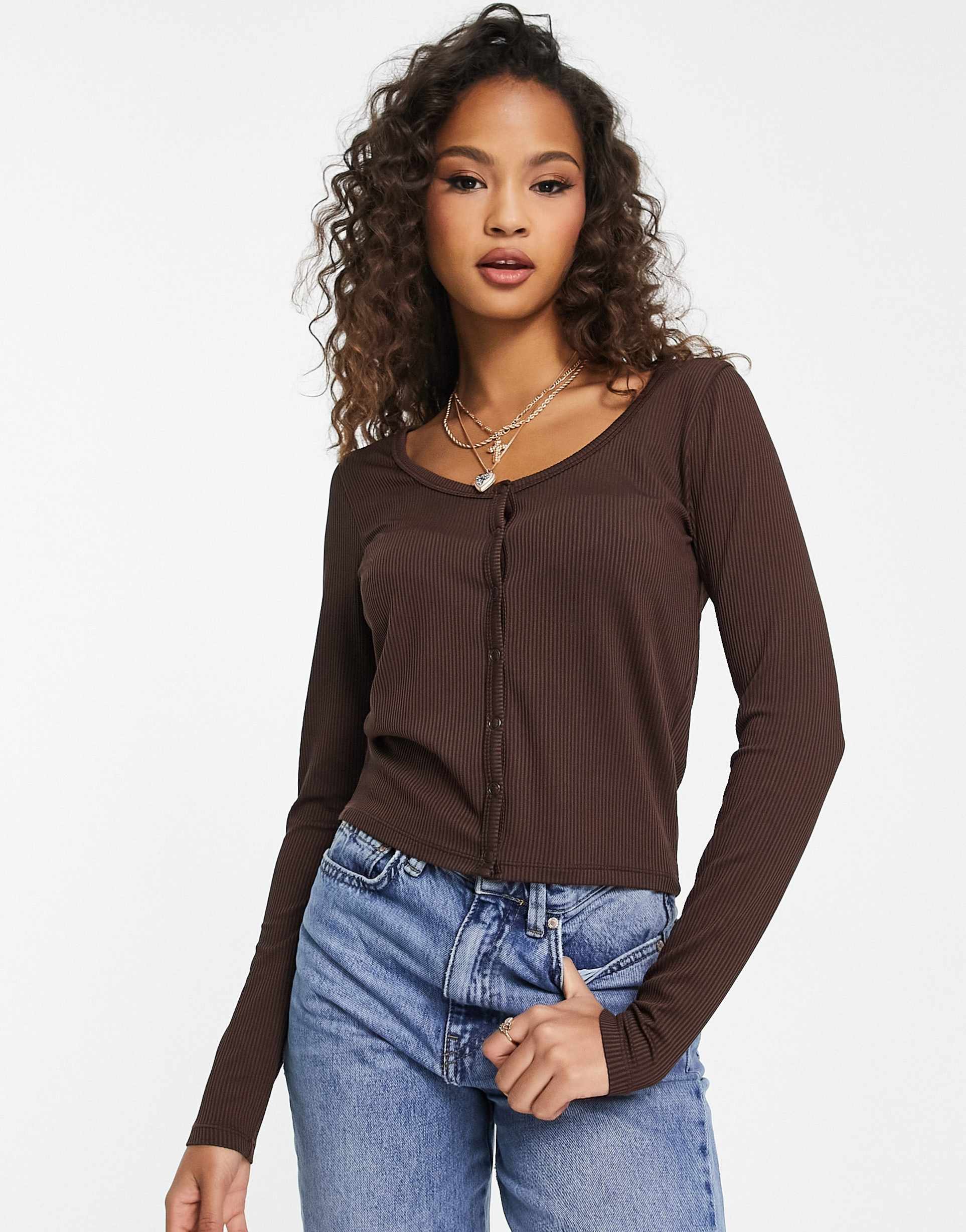 Hollister lace trim sweetheart neckline long sleeve top in brown view 2