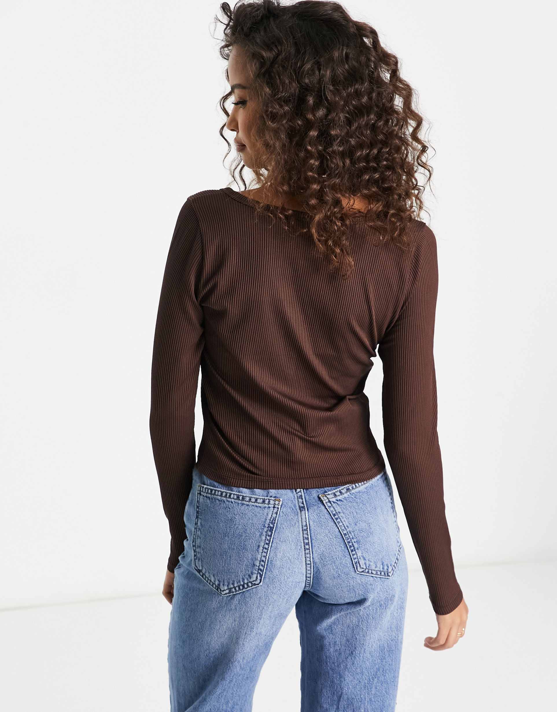 Hollister lace trim sweetheart neckline long sleeve top in brown view 3