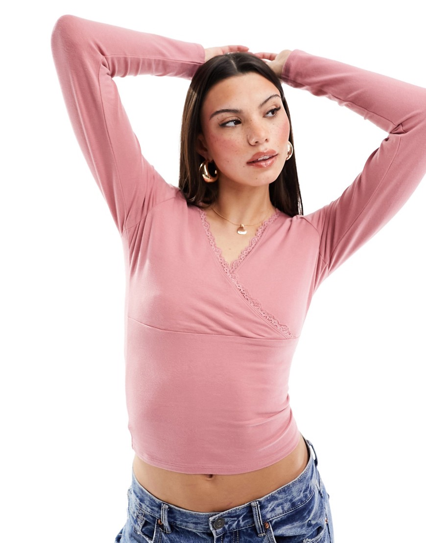 Hollister lace trim wrap long sleeve top in pink