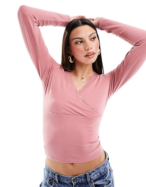 Hollister lace trim wrap long sleeve top in pink | ASOS