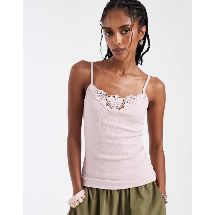 Hollister lace v neck front cami in baby pink | ASOS