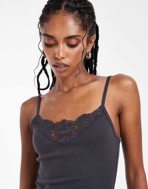 Hollister lace v neck front cami in charcoal | ASOS