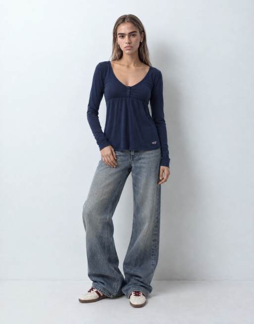 Hollister Langarm-Henley-Babydoll-Top in Marineblau, 6 von 9