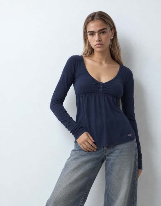Hollister Langarm-Henley-Babydoll-Top in Marineblau, 8 von 9