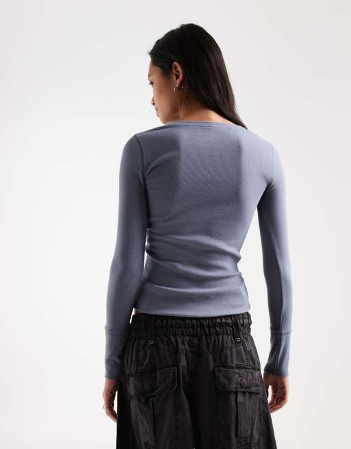 Hollister långärmad button up henley-topp i blått, 4 av 4