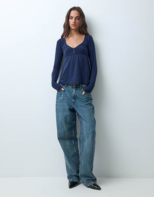 Hollister långärmad henley babydolltopp i navy, 3 av 5