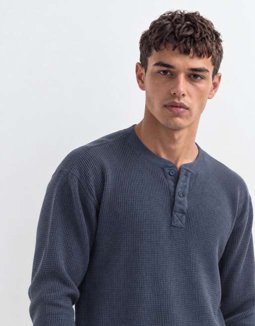 Hollister långärmad henley-topp i våffelstruktur i marinblått, 8 av 9