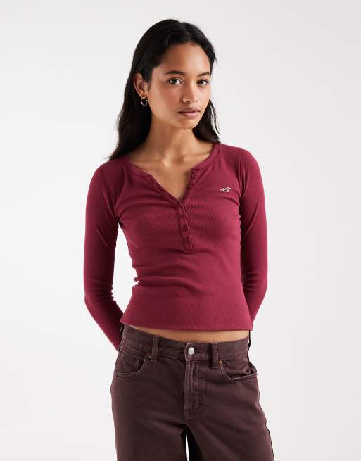 Hollister långärmad henley-topp med knappar i burgundy, 1 av 4