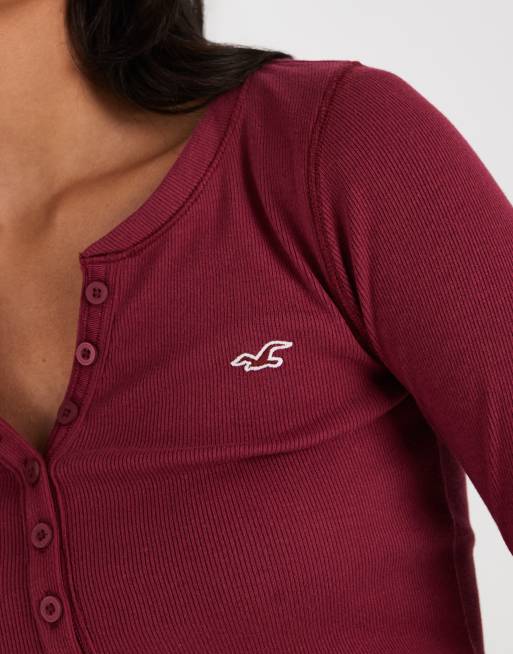 Hollister långärmad henley-topp med knappar i burgundy, 2 av 4