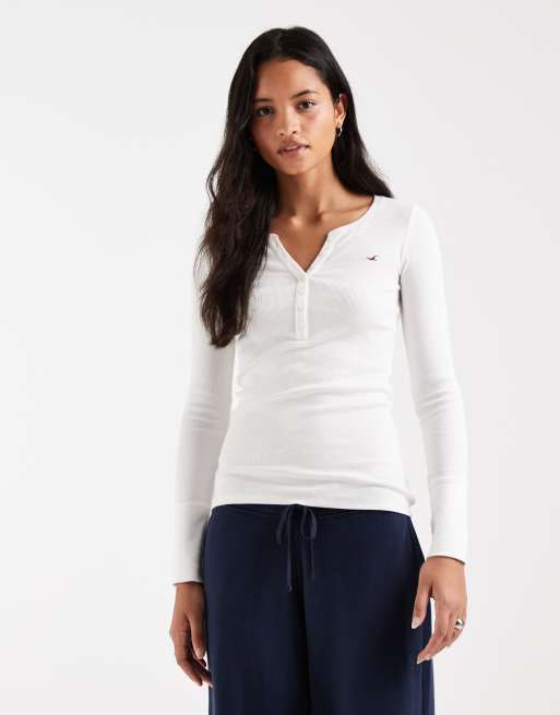 Hollister långärmad henley-topp med knappar i vitt, 1 av 4