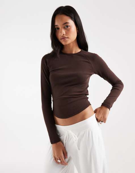 Hollister långärmad t-shirt med rund halsringning i brun - view 1