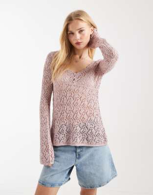 Hollister - Langärmliges Babydoll-Oberteil im Boho-Stil in Altrosa