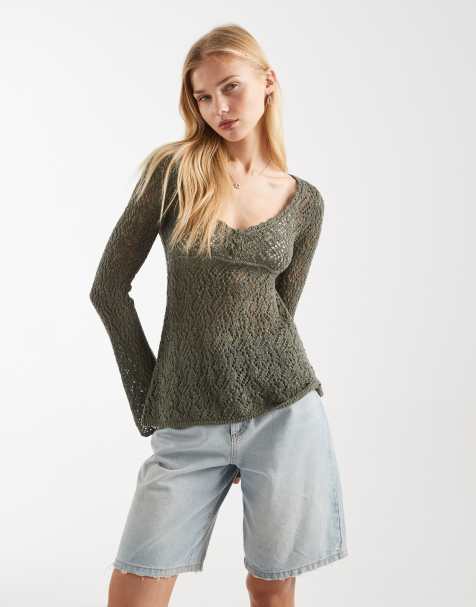Hollister – Langärmliges Babydoll-Oberteil in Grün im Boho-Stil - view 1