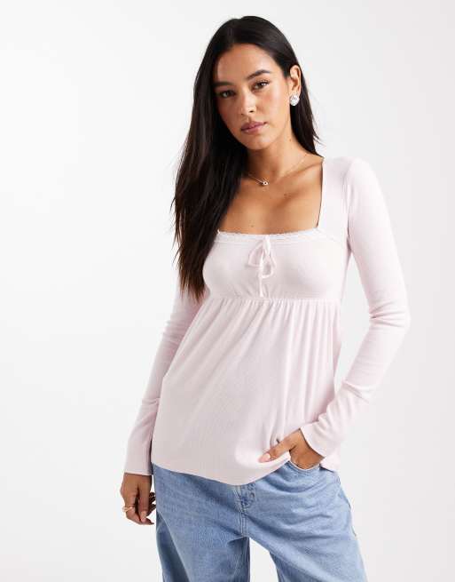 Hollister – Langärmliges Babydoll-Oberteil in Rosa mit eckigem Ausschnitt