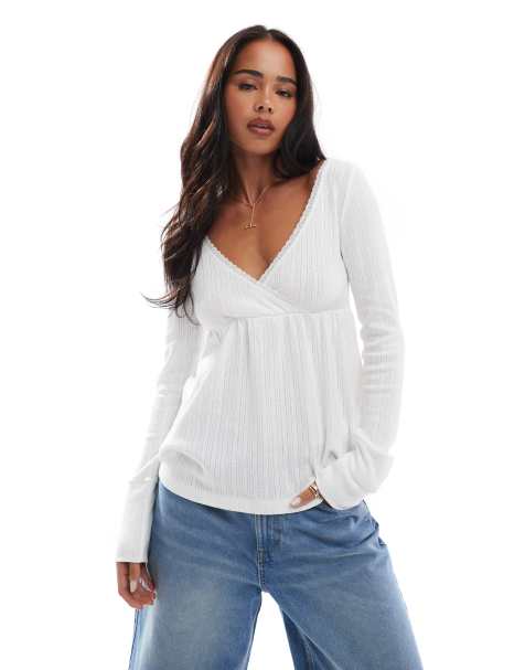 Hollister – Langärmliges Babydoll-Oberteil in Weiß aus Pointelle - view 1
