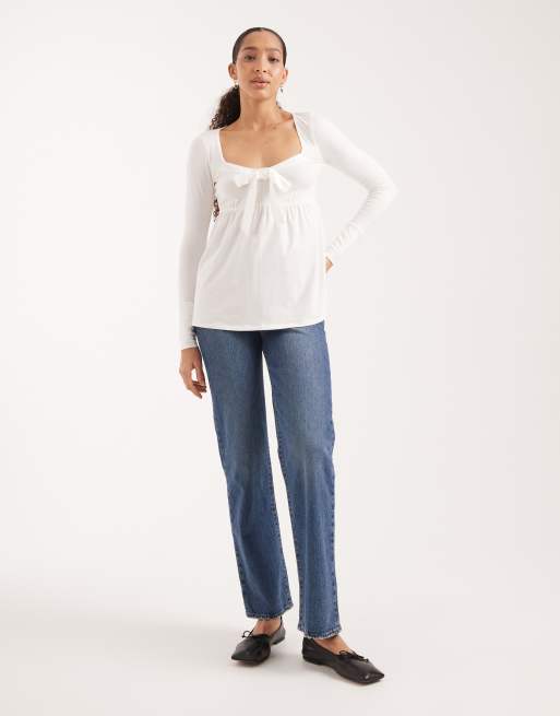 Hollister – Langärmliges Babydoll-Oberteil in Weiß mit Schleife vorne, 2 von 4