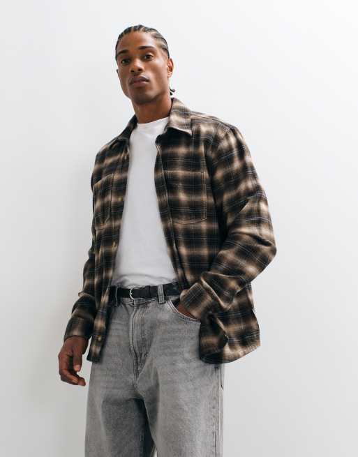 Hollister langärmliges Flanellhemd aus angerautem Material in Khaki-Karo, 1 von 5