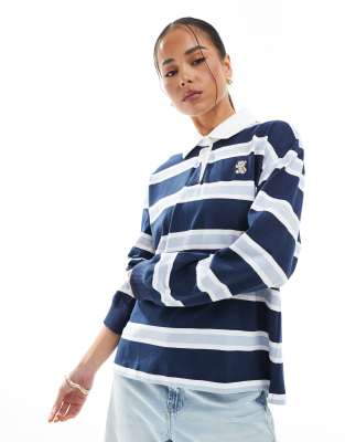 Hollister - Langärmliges, gestreiftes Polo-Oberteil in Marineblau mit Bärmotiv-Detail