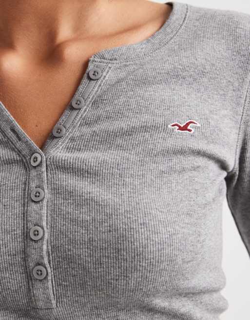 Hollister langärmliges Henley-Oberteil mit Knopfleiste in Grau, 3 von 4