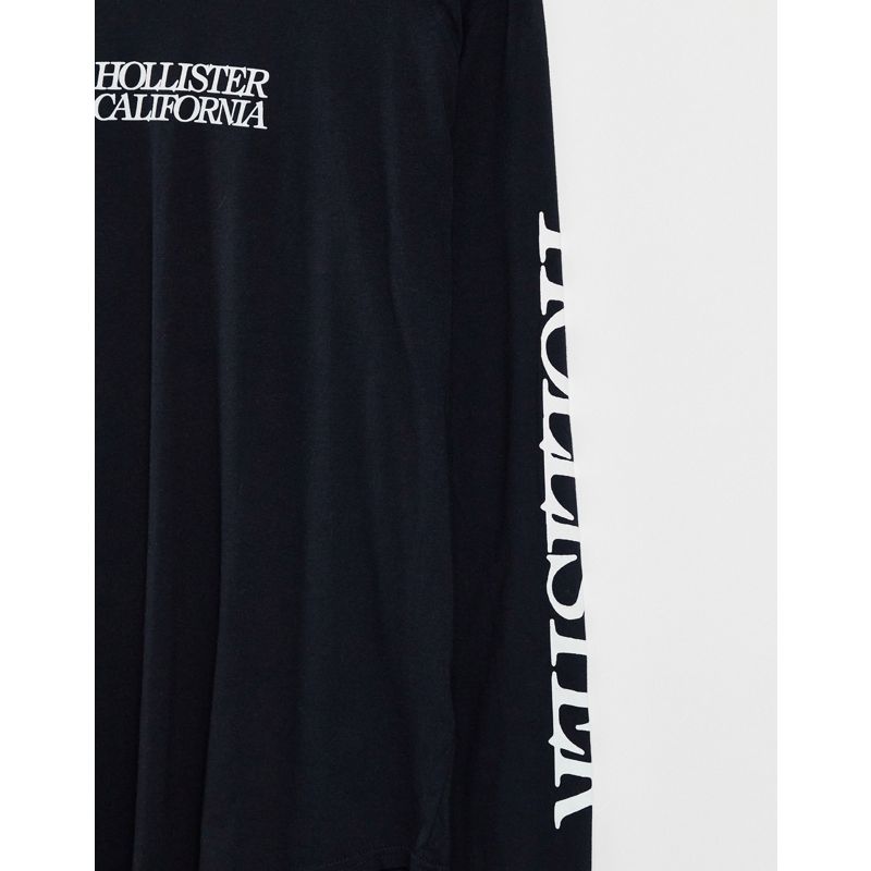 Hollister – Langärmliges Oberteil in Schwarz mit Ärmellogo und mittigem Print auf Brust und Rücken
