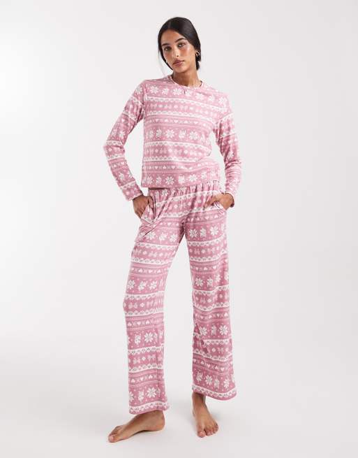 Hollister – Langärmliges Pyjama-Oberteil in Rosa mit Norwegermuster und U-Ausschnitt, 3 von 4