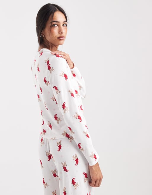 Hollister – Langärmliges Pyjama-Oberteil in Weiß mit Sockenmuster und U-Ausschnitt, 3 von 4