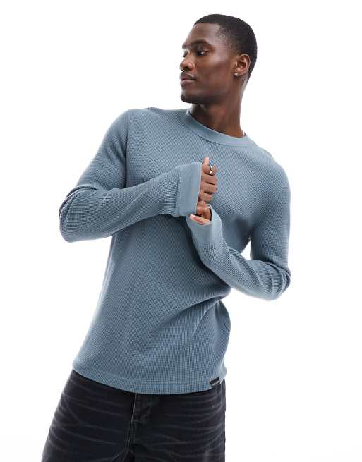 Hollister – Langärmliges T-Shirt in Blau mit Waffelstruktur