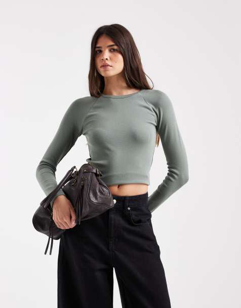 Hollister langærmet T-shirt med rund hals i khaki - view 1