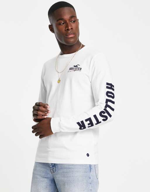 Hollister Men's White and Black Print Long Sleeve T-Shirts from Asos