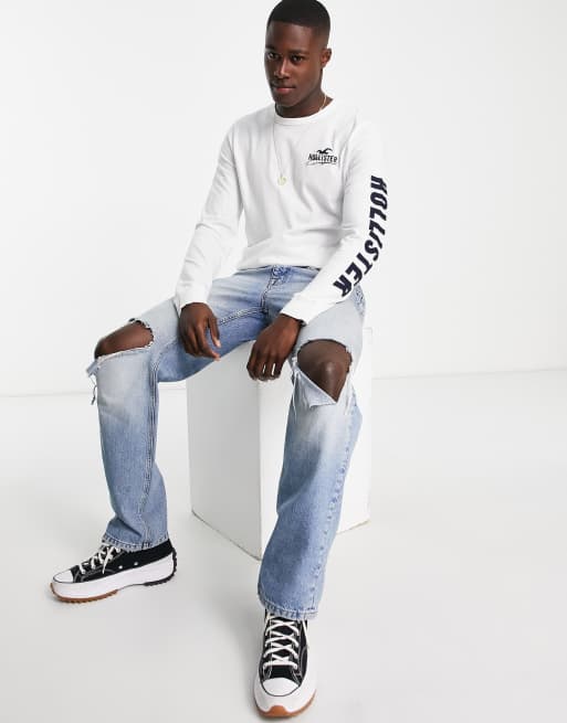 Hollister Men's White and Black Print Long Sleeve T-Shirts from Asos