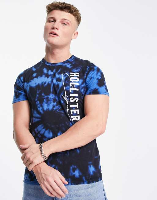 Hollister large front vertical logo tie dye t shirt in blue