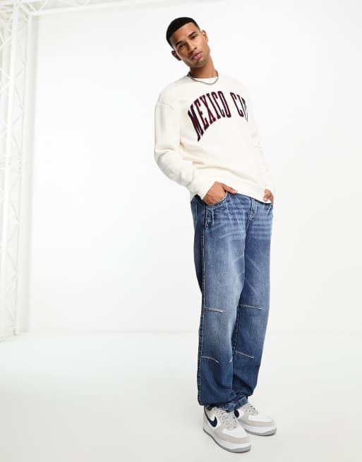 Hollister large logo mixed media relaxed fit crewneck sweatshirt in cream