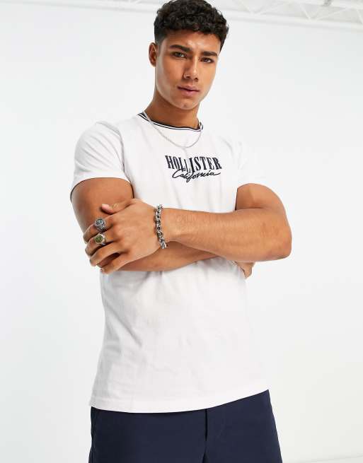 Hollister large scale tech logo tipped neck t-shirt in white