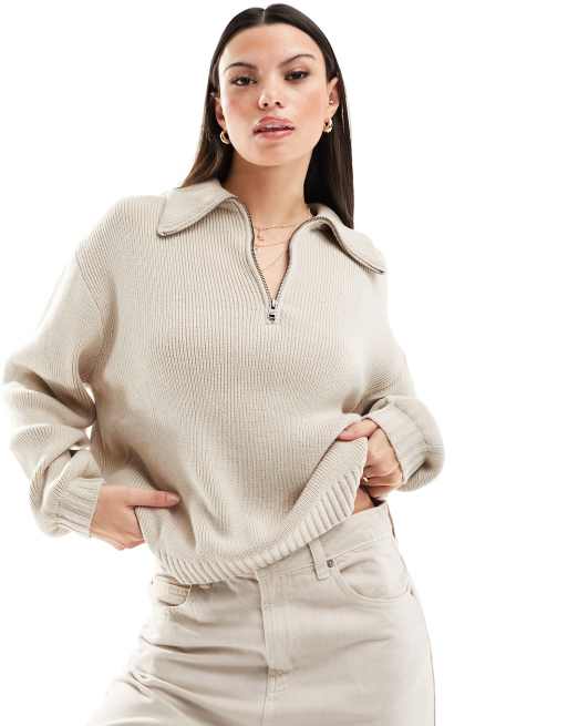 Hollister – Lässiger Pullover in Hellbeige mit kurzem Reißverschluss 