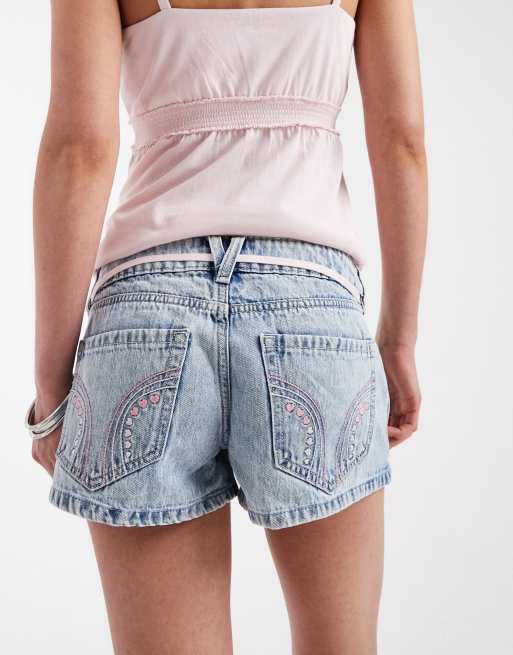Hollister - Lavtaljede lyseblå Y2K-denimshorts med justerbart bindebånd, 4 af 5