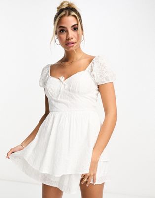 Hollister layered eyelet dress in white with puff sleeves