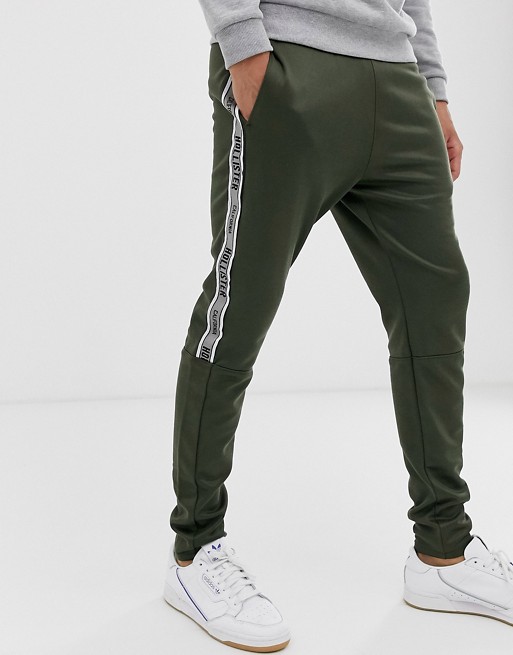Hollister leg logo side piping cuffed joggers in olive