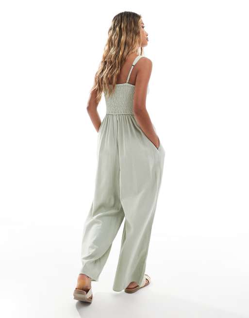 Hollister – Leinen-Jumpsuit in Grün mit elastischen Seitendetails, 4 von 4