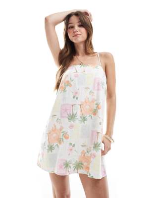 Hollister - Leinen-Minikleid mit tropischem Print, quadratischem Ausschnitt und Spaghettiträgern-Bunt