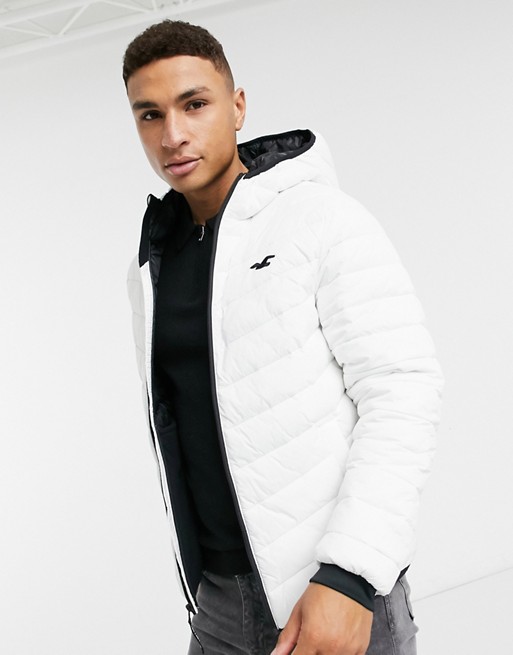 Hollister lightweight taped logo sleeve hooded puffer jacket in white ...