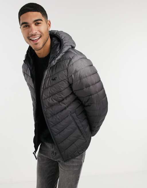 Hollister Lightweight Taped Logo Sleeve Hooded Puffer Jacket in