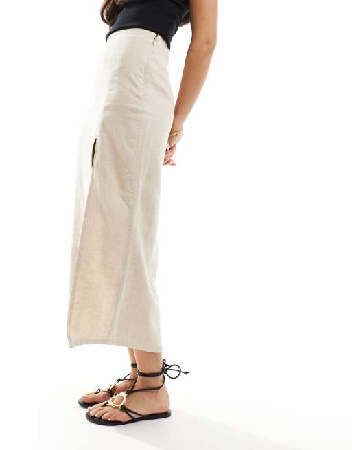 Hollister linen blend midaxi skirt with side slit in beige, 4 of 5