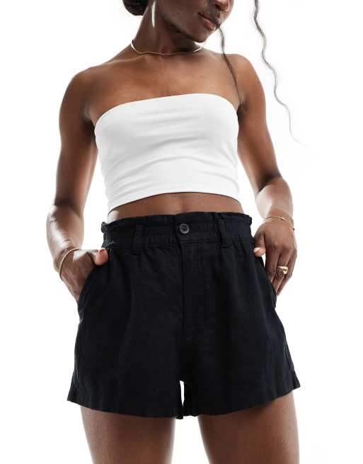 Hollister linen blend paperbag waist shorts in black