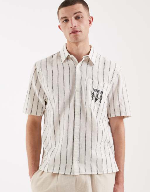 Hollister linen blend short sleeve shirt with chest graphic in white stripe